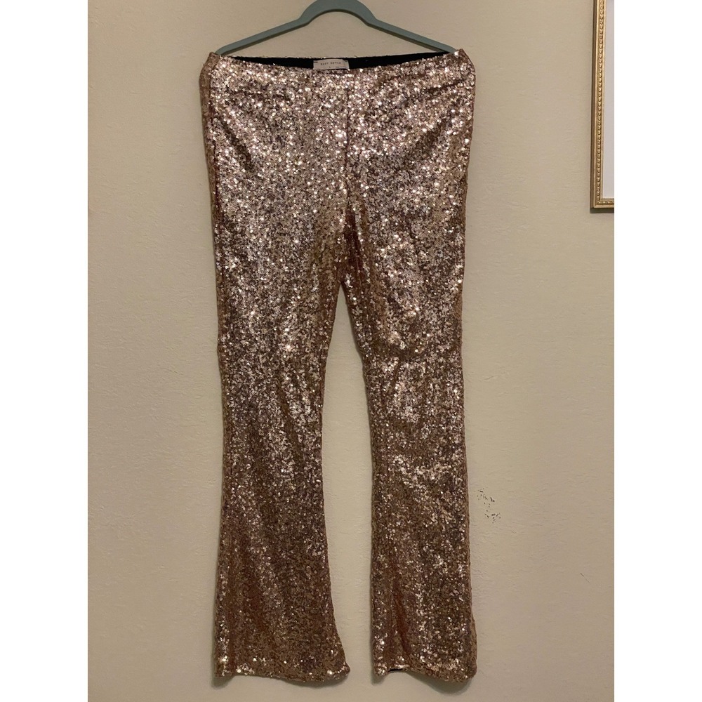 Rose Gold Sequin HolidayCore Flare Party Pants Wide Leg Trousers Size Large Y2K
